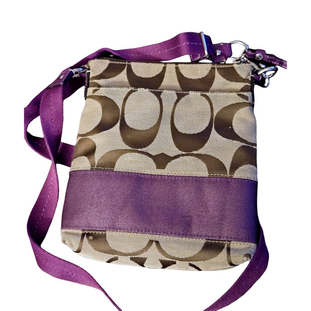 Coach Signature Stripe File Bag Monogram Canvas Purple Leather‎ Crossbody Bag - Picture 2 of 12